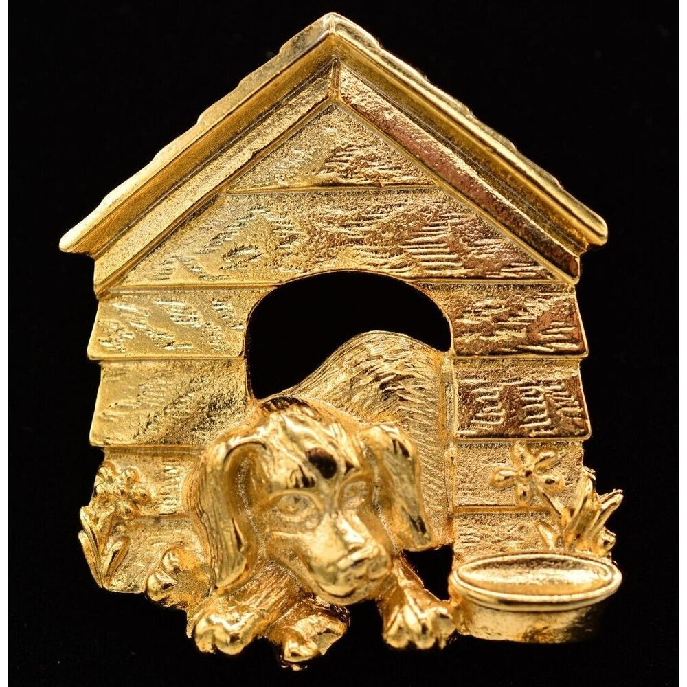RA Vintage Dog Doghouse Pin Brooch Brushed Gold Signed NOS 1980s BinAH
